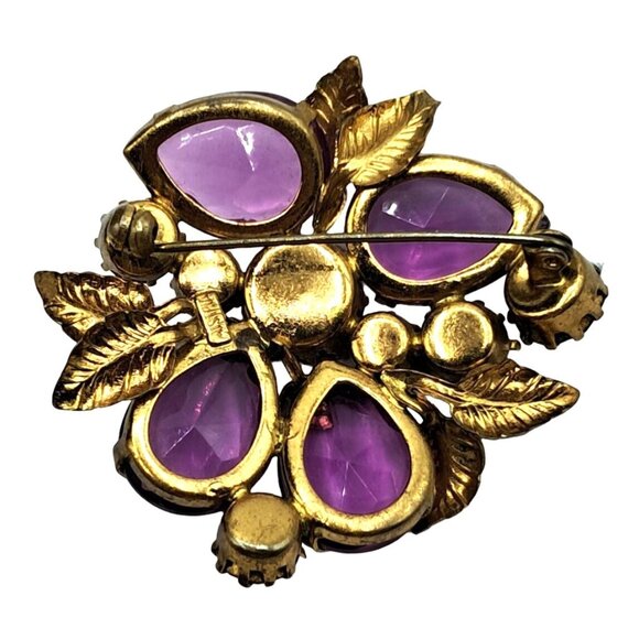Austria Rhinestone Brooch Pink Purple Gold Tone Leaves Pin Vintage Costume Jewel - Picture 7 of 11